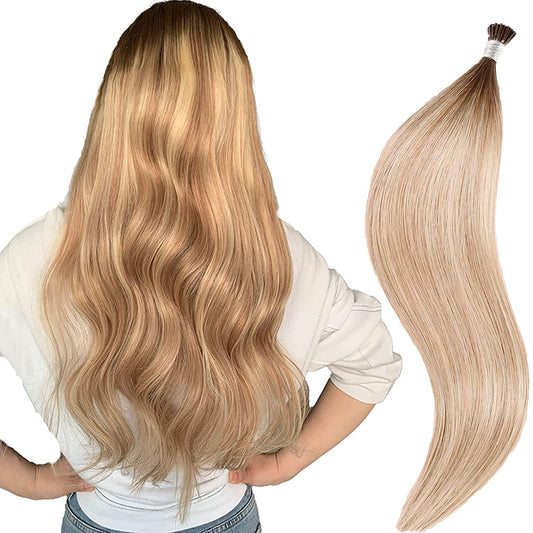 DIYOMO I Tip Hair Extensions Human Hair,Cold Fusion Soft Abnormal Hair Extensions 50 Strands Pre Keratin Bonded, Itip Human Hair Extensions,#P18/613