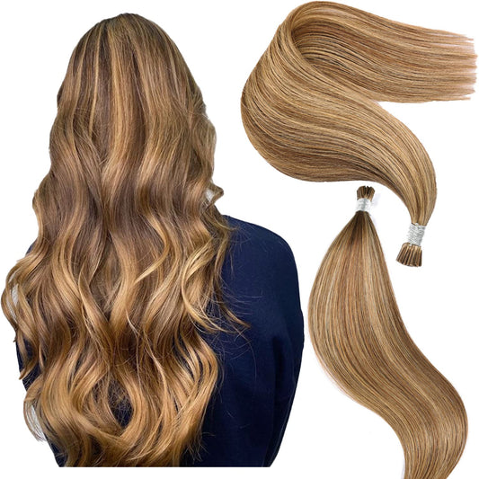 DIYOMO I Tip Hair Extensions Human Hair,Cold Fusion Soft Abnormal Hair Extensions 50 Strands Pre Keratin Bonded, Itip Human Hair Extensions,#P7B/8B