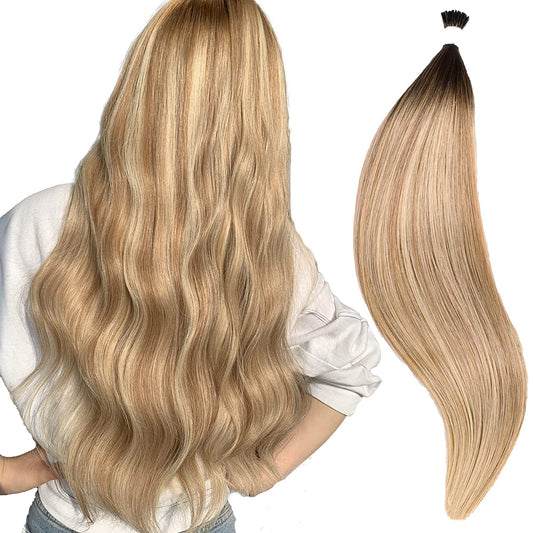 DIYOMO I Tip Hair Extensions Human Hair,Cold Fusion Soft Abnormal Hair Extensions 50 Strands Pre Keratin Bonded, Itip Human Hair Extensions,#P9/T9/613