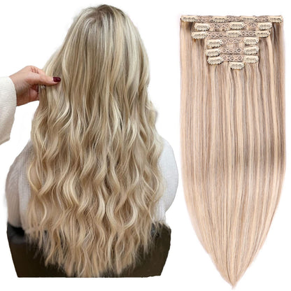 DIYOMO Clip in Hair Extensions Real Human Hair Blonde Highlights Bleached Blonde Remy Seamless Straight Natural Clip ins Thick 120g 7pcs Clip on Hair Extensions Clip in Human Hair for Women,#P16/22