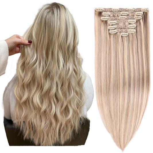 DIYOMO Clip in Hair Extensions Real Human Hair Blonde Highlights Bleached Blonde Remy Seamless Straight Natural Clip ins Thick 120g 7pcs Clip on Hair Extensions Clip in Human Hair for Women,#P16/22
