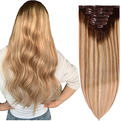 DIYOMO Darker Brown to Ash Brown and Blonde Clip in Hair Extensions Real Human Hair Remy Seamless Straight Natural Remy Clip ins Thick 120g 7pcs Clip on Hair Extensions Clip in Human Hair for Women #3/8/22