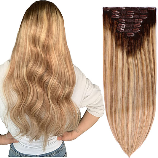 DIYOMO Darker Brown to Ash Brown and Blonde Clip in Hair Extensions Real Human Hair Remy Seamless Straight Natural Remy Clip ins Thick 120g 7pcs Clip on Hair Extensions Clip in Human Hair for Women #3/8/22