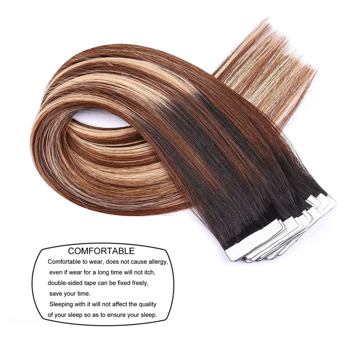 Tape in Hair Extensions Human Hair,DIYOMO Black to Chocolate Brown and Caramel Blonde Hair Extensions Handcrafted Soft & Smooth Remy Hair Extensions for Women,#1B/4/27 2.5g/Pcs 50g/Pack