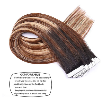 Tape in Hair Extensions Human Hair,DIYOMO Black to Chocolate Brown and Caramel Blonde Hair Extensions Handcrafted Soft & Smooth Remy Hair Extensions for Women,#1B/4/27 2.5g/Pcs 50g/Pack