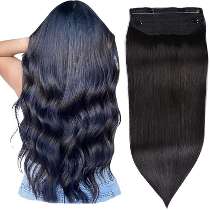 Wire Hair Extensions，DIYOMO Halo Hair Extensions Real Human Hair Black Hair Extensions Transparent Headband Adjustable Size Removable Secure，Hair Halo Extensions for Women,#1