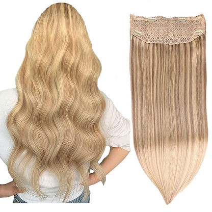 Wire Hair Extensions,DIYOMO Halo Hair Extensions Real Human Hair Hair Extensions Transparent Headband Adjustable Size Removable Secure，Hair Halo Extensions for Women,#P18/613