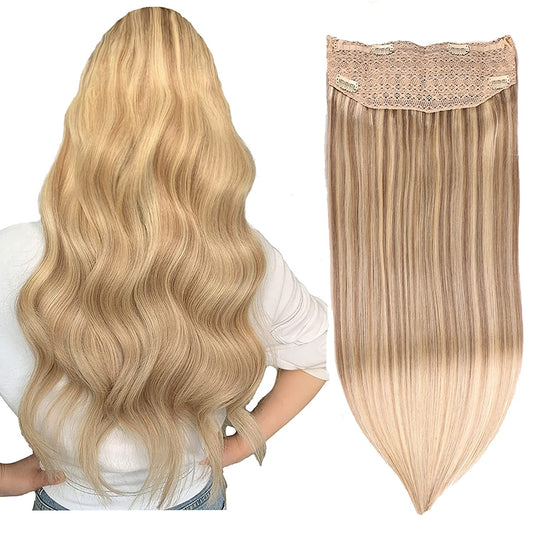 Wire Hair Extensions,DIYOMO Halo Hair Extensions Real Human Hair Hair Extensions Transparent Headband Adjustable Size Removable Secure，Hair Halo Extensions for Women,#P18/613
