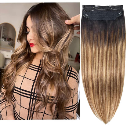 Wire Hair Extensions,DIYOMO Halo Hair Extensions Real Human Hair Hair Extensions Transparent Headband Adjustable Size Removable Secure，Hair Halo Extensions for Women,#1B/4/27