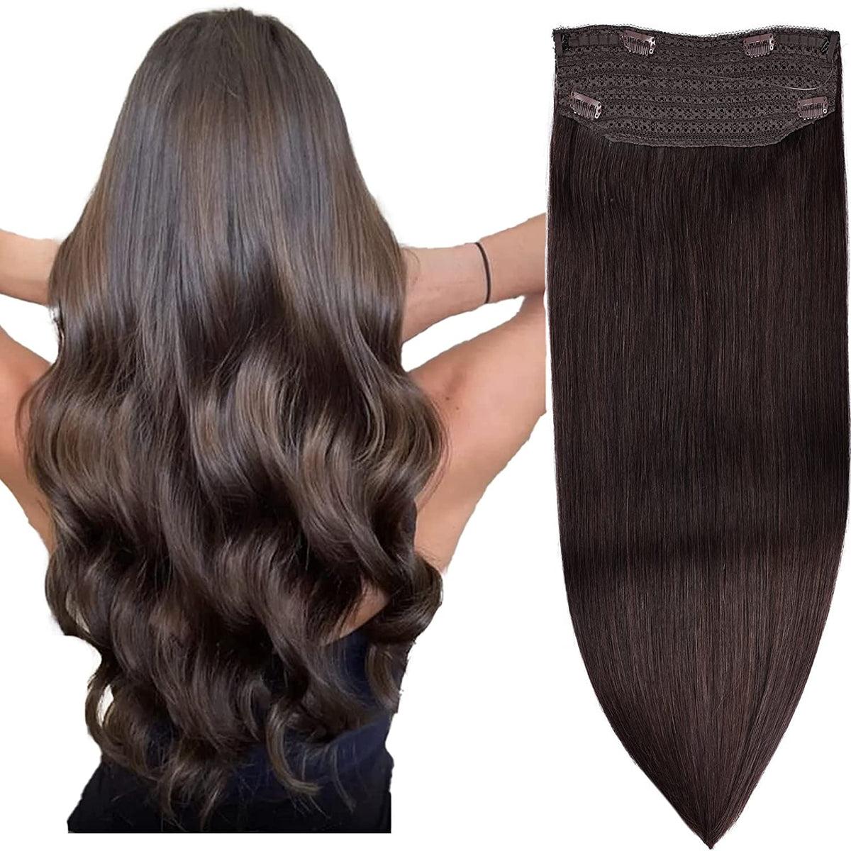 Wire Hair Extensions，DIYOMO Halo Hair Extensions Real Human Hair Dark Brown Hair Extensions Transparent Headband Adjustable Size Removable Secure，Hair Halo Extensions for Women,#2