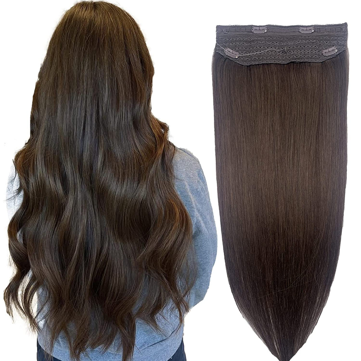 Wire Hair Extensions，DIYOMO Halo Hair Extensions Real Human Hair Auburn Medium Brown Hair Extensions Transparent Headband Adjustable Size Removable Secure，Hair Halo Extensions for Women,#4