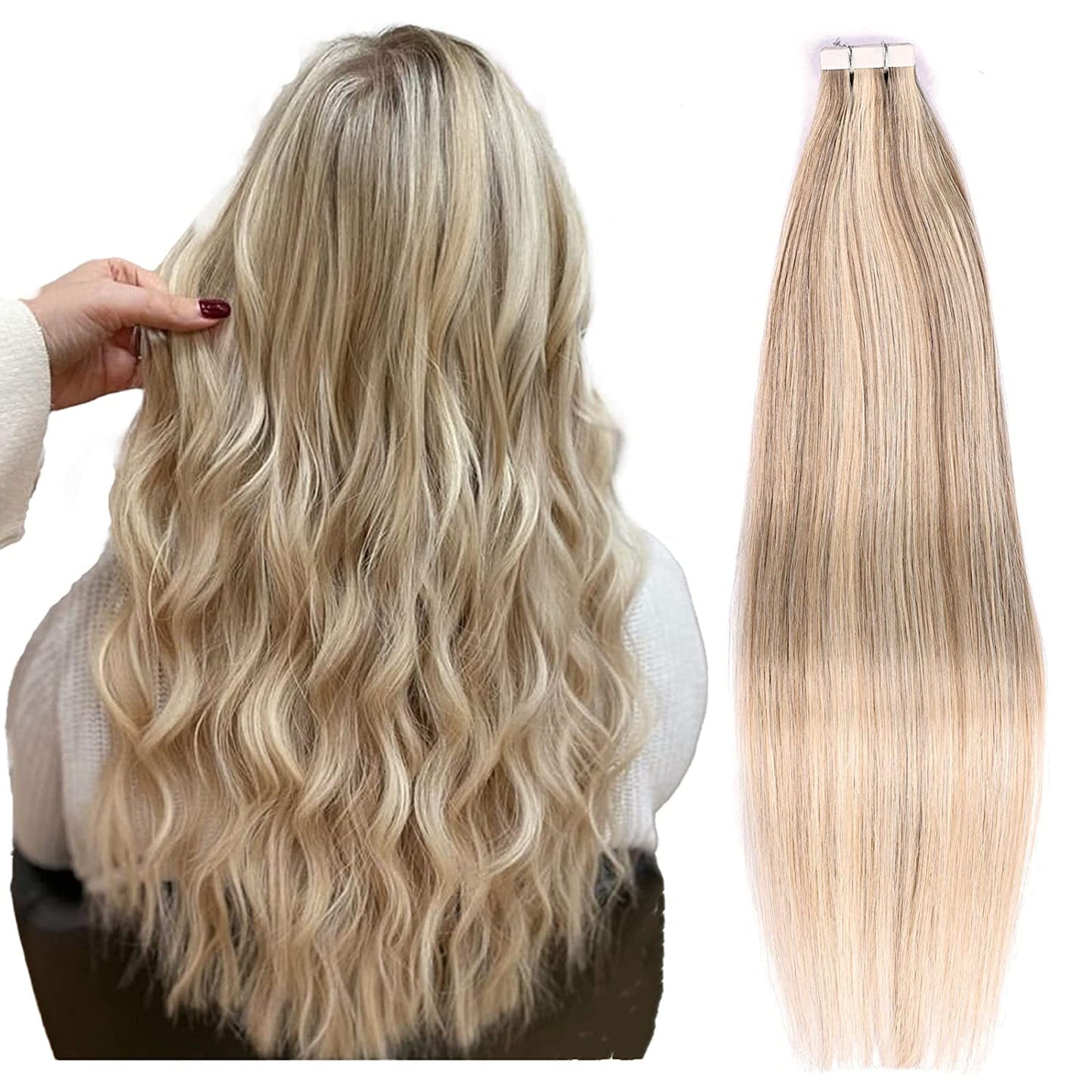 Tape in Hair Extensions Human Hair,DIYOMO#P16/22 Blonde Highlight Bleached Blonde Hair Extensions Handcrafted Soft & Smooth Remy Hair Extensions for Women, 2.5g/Pcs 50g/Pack