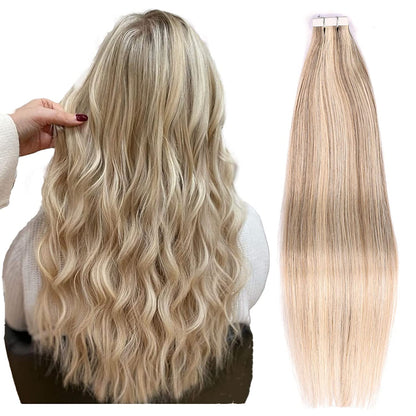 Tape in Hair Extensions Human Hair,DIYOMO#P16/22 Blonde Highlight Bleached Blonde Hair Extensions Handcrafted Soft & Smooth Remy Hair Extensions for Women, 2.5g/Pcs 50g/Pack