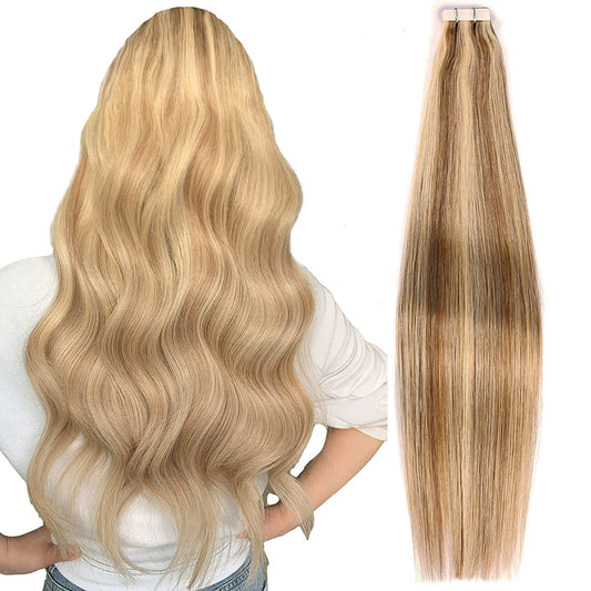 Tape in Hair Extensions Human Hair,#P18/613 DIYOMO Ash Blonde Highlighted Bleach Blonde Hair Extensions Handcrafted Soft & Smooth Remy Hair Extensions for Women,2.5g/Pcs 50g/Pack