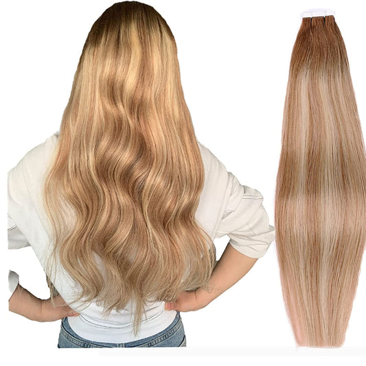DIYOMO Tape in Hair Extensions Human Hair,#3/8/22 Darker Brown to Ash Brown and Blonde Hair Extensions Handcrafted Soft & Smooth Remy Hair Extensions for Women,2.5g/Pcs 50g/Pack,#3/8/22