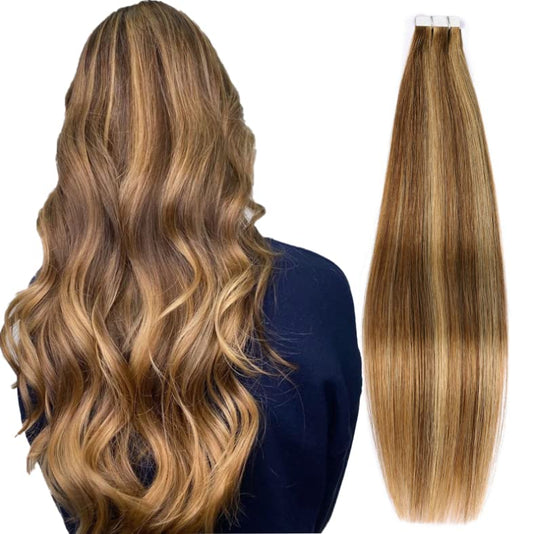 DIYOMO Tape in Hair Extensions Human Hair,Chestnut Brown Auburn Brown Hair Extensions Handcrafted Soft & Smooth Remy Hair Extensions for Women,#P7B/8B 2.5g/Pcs 50g/Pack